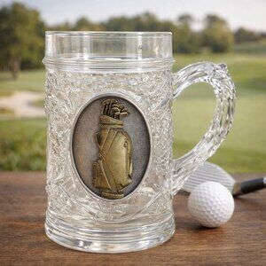 Golf Glass Beer Mug Stein Clear Embossed Brass VTG Barware Golf Bag Medallion